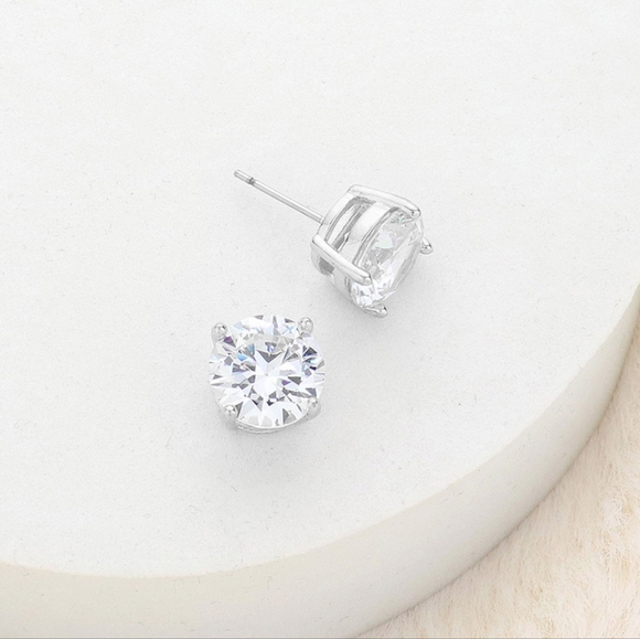 Silver 10 mm Crystal Cubic Zirconia Round Earrings - Picture 3 of 3